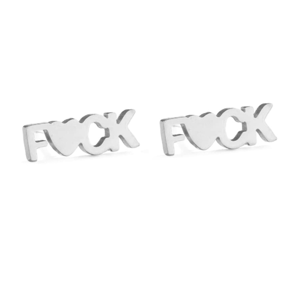 NEW “F*ck” Silver Statement Earrings Heart Stud Earrings Funny Novelty Glam Punk